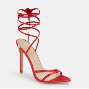 Red Satin Lace Up Heel